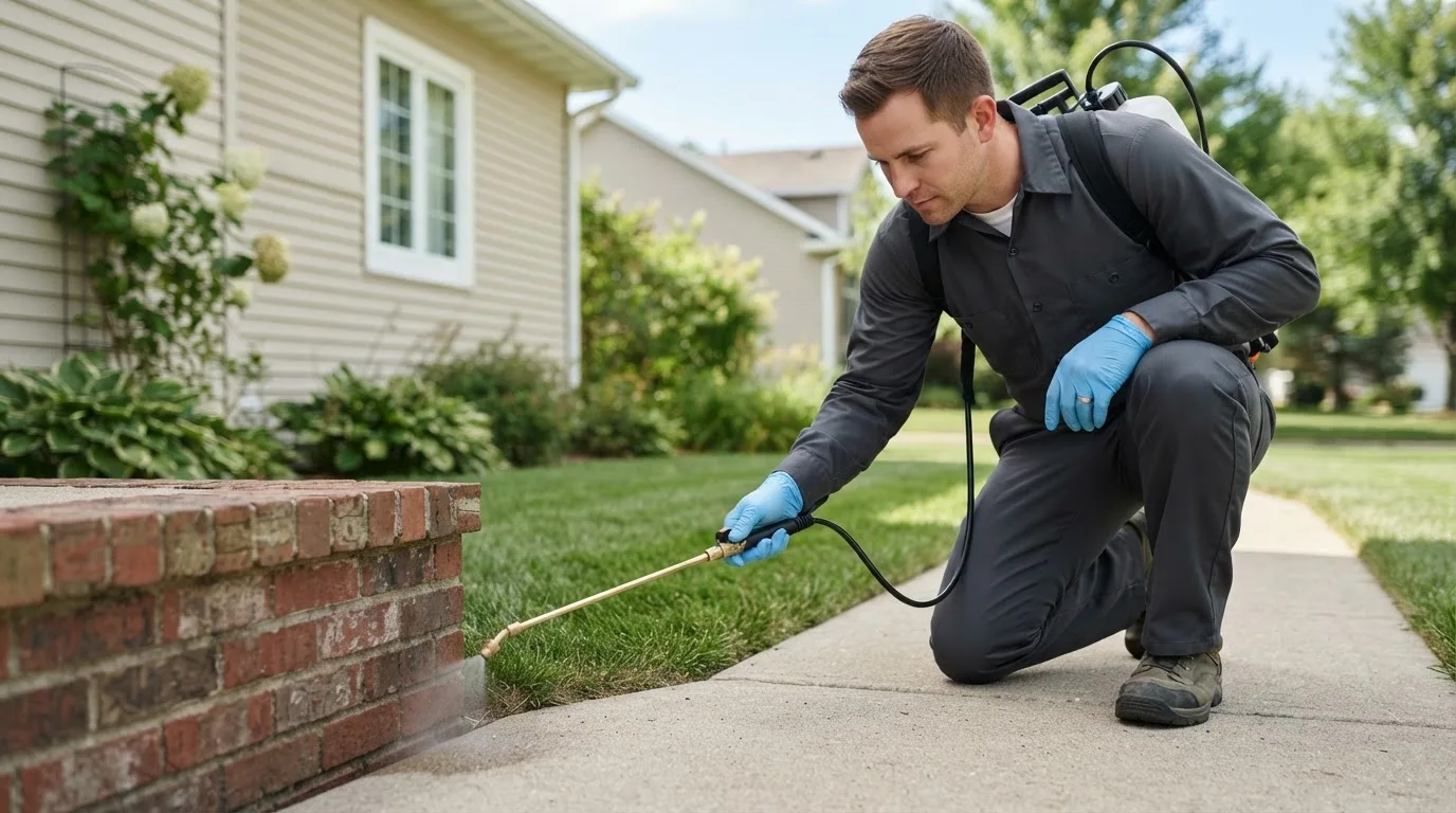 Pest control technician treating a home near Glen Haven, CO